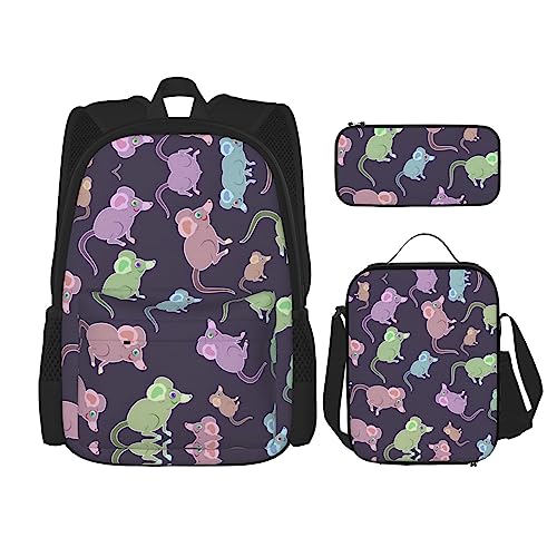 WURTON 3-in-1 Büchertaschen-Set, verstellbarer Schulter-Rucksack, Lunch-Tasche, Federmäppchen, Tasche mit Tiermotiven, Schwarz, Einheitsgröße