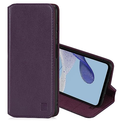 32nd Klassische Serie 2.0 - Lederhülle Case Cover für Motorola Moto G53, Echtleder Hülle Mit RFID-Blockierung Kartensteckplatz, Magnetverschluss und Standfuß - Aubergine