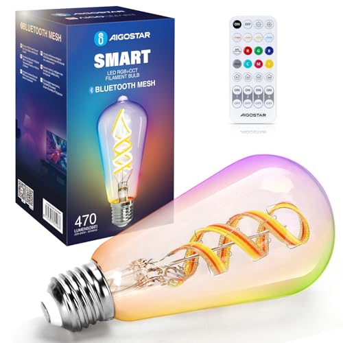 Aigostar Smarte Glühbirne Alexa E27 Bluetooth Mesh ST64, Alexa Lampe Vintage Edison Lampe 4.9W 470LM RGB & 2700K-6500K Dimmbar Glühbirne, Kompatibel mit Alexa, 1 Stück(mit Bluetooth-Fernbedienung)