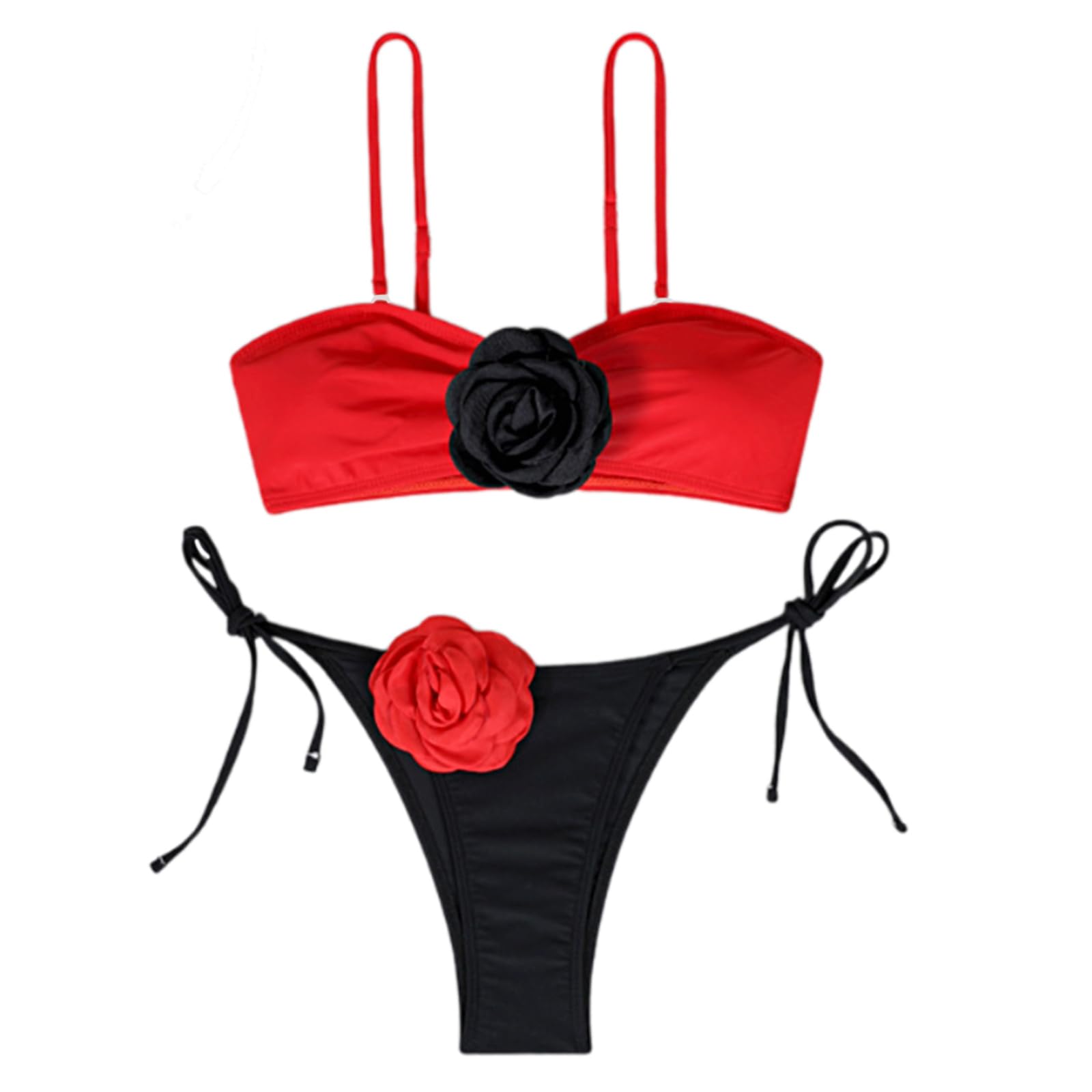 JUNNASALIKER Zweiteiliges Damen-Badeanzug-Set, 3D-Blumendekoration, Bandeau-Badeanzug mit verstellbarem Schulterriemen