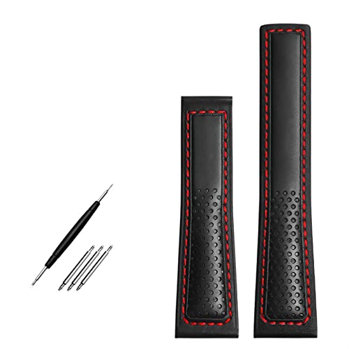 SCRUBY Kuhleder Uhrengurt 22mm Uhrenband für Tag Heuer Fiyta Tissot Watch Band Red Stitches Echtes Lederarmband(Black red-No buckle)