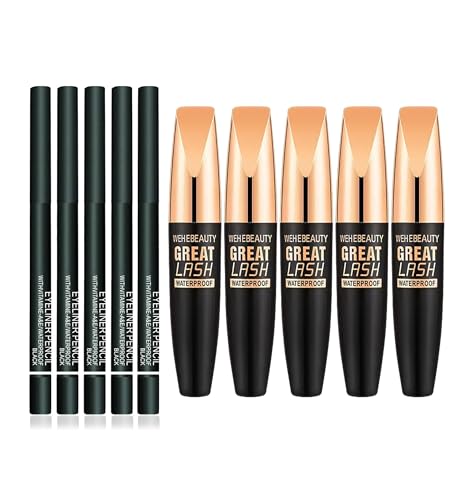 Wehebeauty Great Lash Wasserfeste Mascara, Schwarzes Mascara-Eyeliner-Set, 4D Wasserdichte Seidenfaser-dicke Verlängernde Mascara, Natürliche Verdickung, Kein Verklumpen, Kein Verschmieren (5 Set)