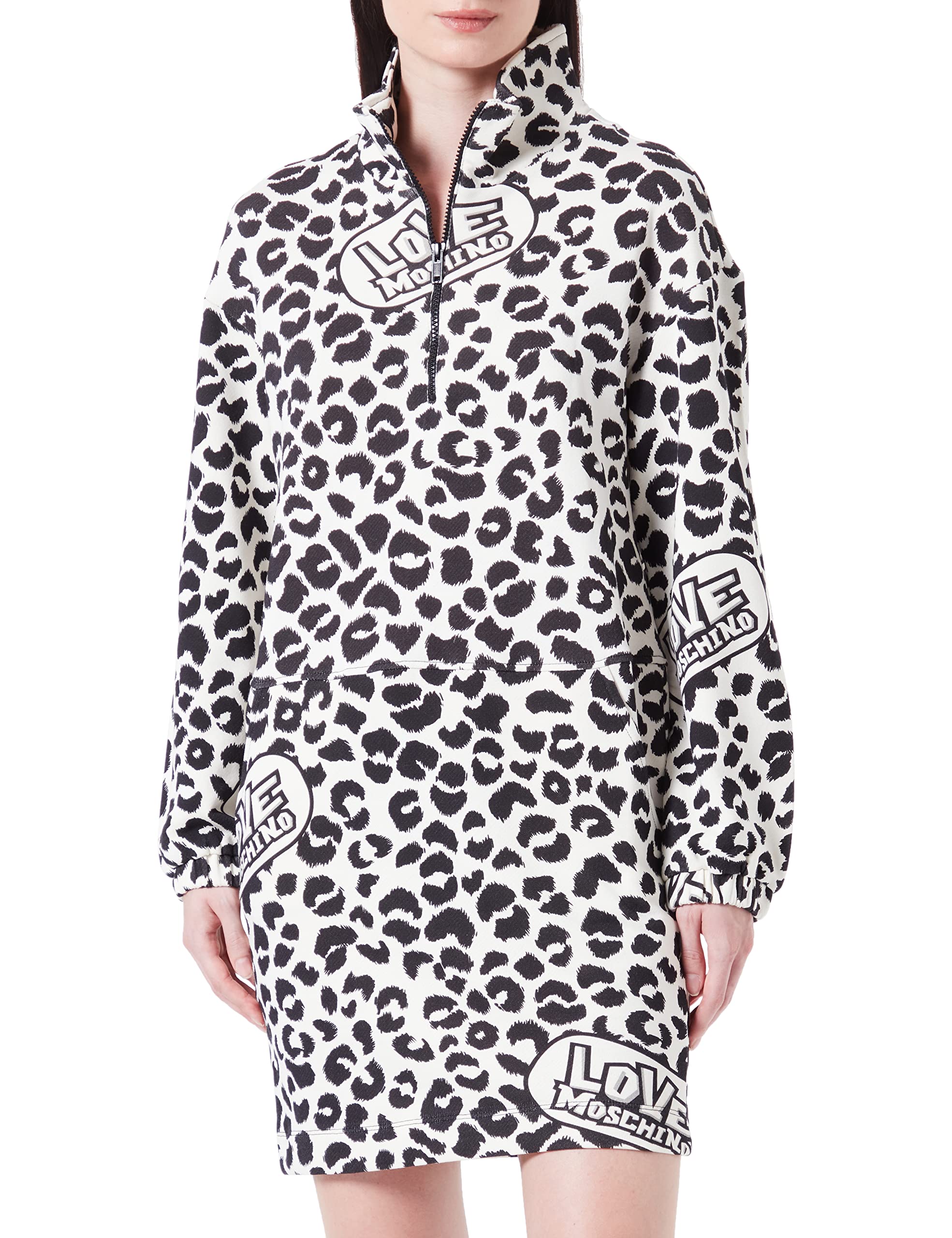 Love Moschino Damen Relaxed Fit Long Sleeves in 100% Cotton Fleece With Print Dress, Beige Black, 40 EU