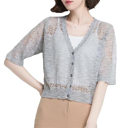 CuLtP Bolero Jacke Damen Bolero Achselzucken Aus Häkelspitze Sommer Leicht V Ausschnitt Durchsichtiger Cardigan Knöpfe Vorne Bolero Blusenjacken Elegantes Abendkleid Cape Mantel Grau S