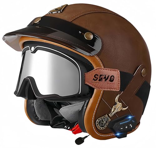 Bluetooth-Helme, Vintage-Motorradhelme, ECE/DOT-Geprüft, Offener Vintage-Helm Für Männer Und Frauen Mit Schutzbrille, Offener Gesichts-Mopedhelm, Verstellbar A,L57-60CM