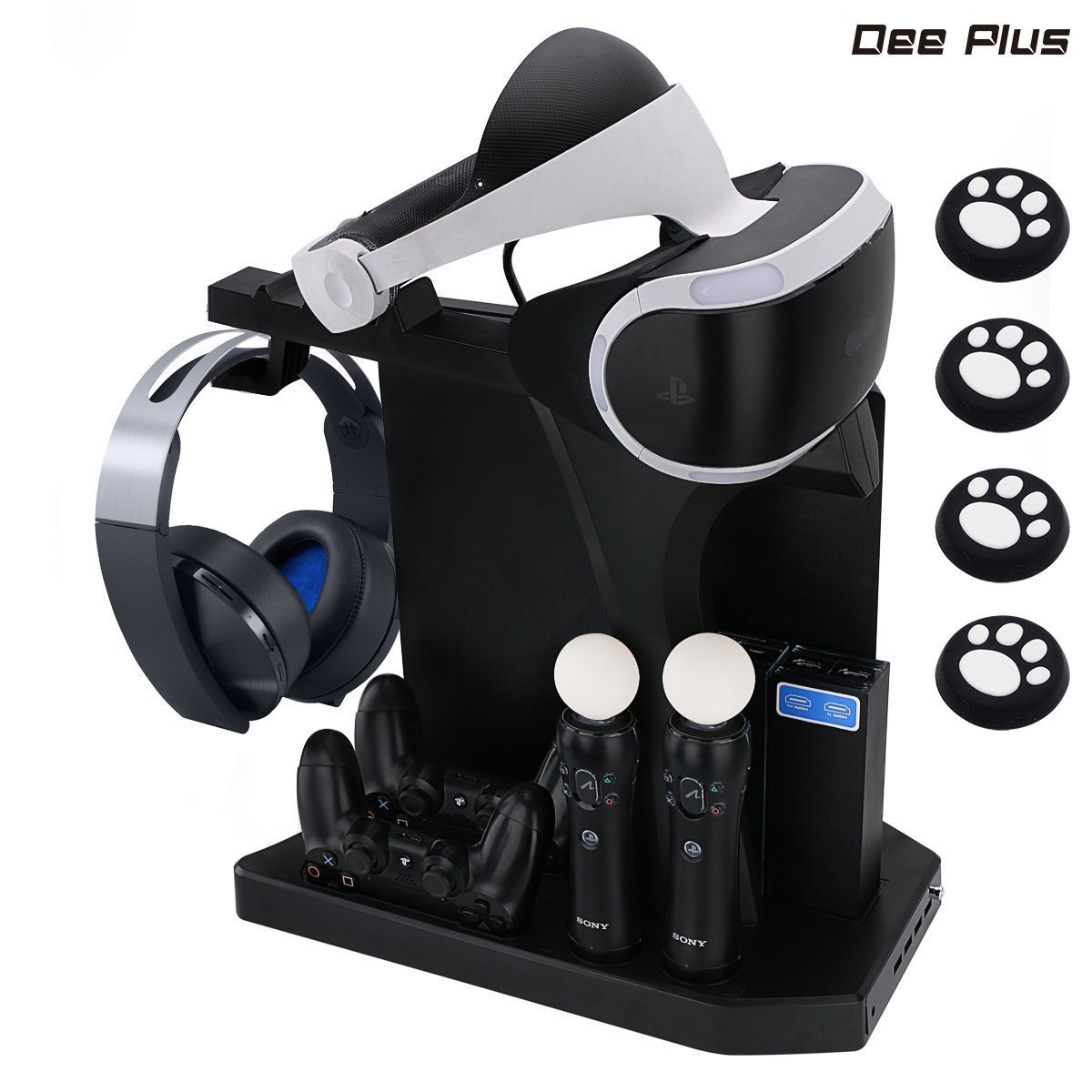 PlayStation Display Standfuß Dee Plus Vertikal Ständer, PSVR Headset Halter, 4 Port USB Hub, Quad Ladestation für DualShock & PS Move Motion Controller, Lüfter Kühler fmit Stick Grips Cap Cover