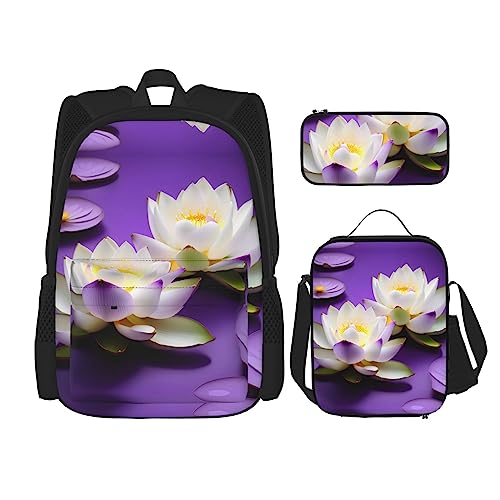 WURTON Lotusblume lila Druck Reise Lunchbox Federmäppchen Rucksack Set 3 Stück verstellbare Träger leicht, Schwarz, Einheitsgröße