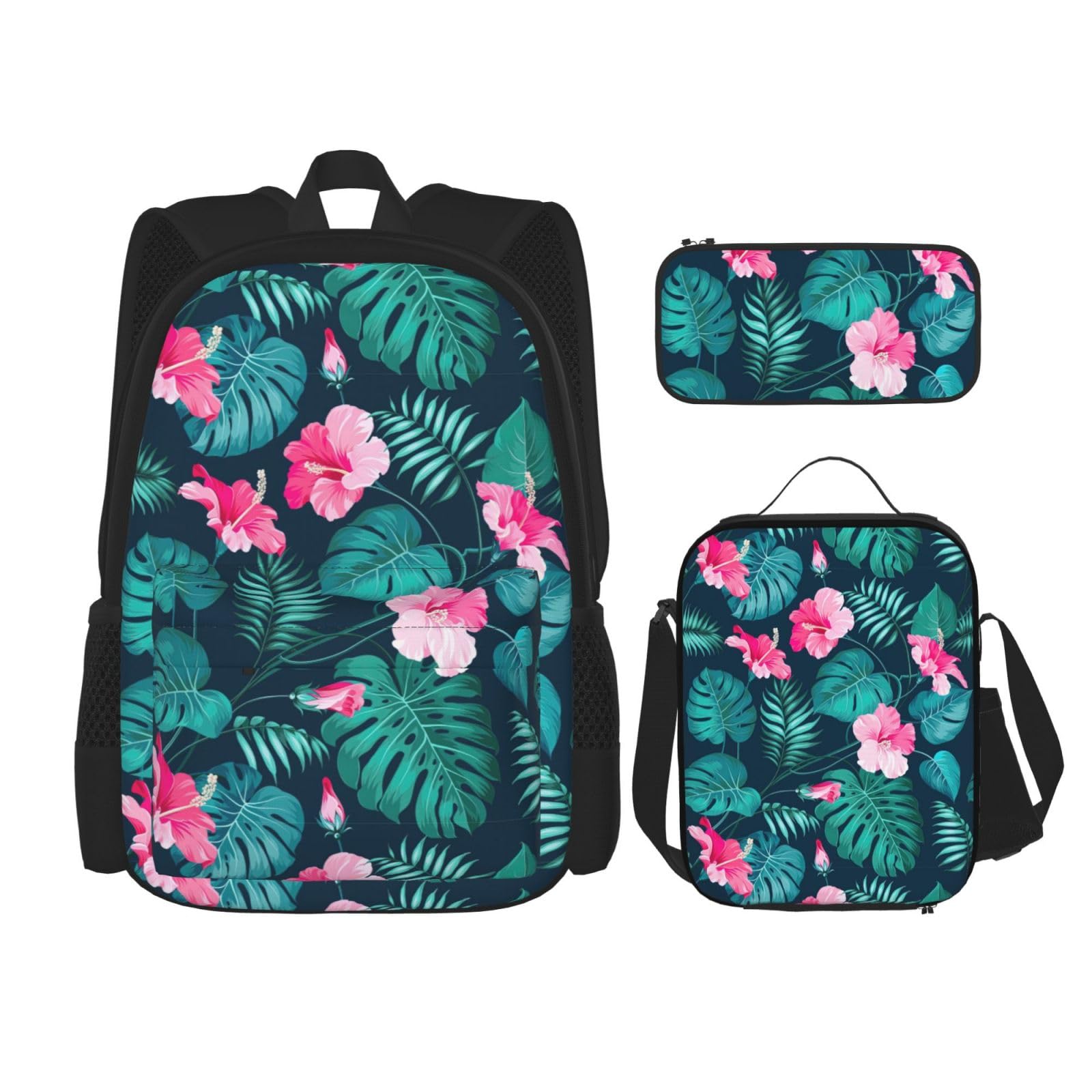 WURTON 3-in-1-Set mit rosa Hawaii-Blumendruck, lässig, verstellbarer Schulter-Rucksack, Lunch-Tasche, Federmäppchen, Beutel, Schwarz, Einheitsgröße