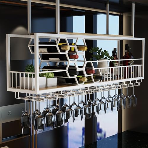 HSJFS Große Weinregal Wand Montiert Schwimmende Bar Regale Mit Hängenden Weinglas Halter Rack Liquor Flasche Display Regal Counter Weinregal Schrank Küche Storage Rack Für Home Bar Esszimmer Dekoratio