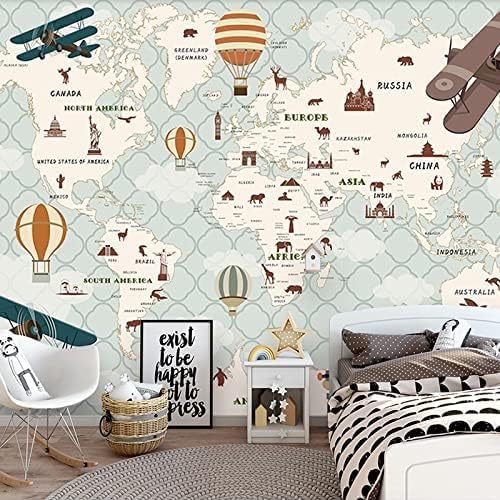 XLMING Cartoon Tier Flugzeuge Ballon Weltkarte Küche Esszimmer Arbeitszimmer Wohnzimmer TV Hintergrund Wand 3D Tapete-200cm×140cm