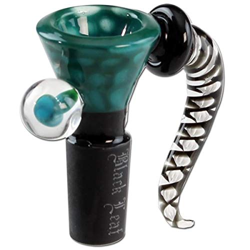 Black Leaf Glaskopf mit Siebchen | Glaskunstkopf NS 14 Wirbel | Bongkopf aus Borosilikatglas für Glas Bongs | Chillum Adapter Steckkopf 14,5 | Punkte Türkis