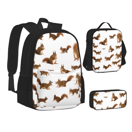 WURTON Süßer Eichhörnchen-Rucksack für Teenager, 3-in-1 (Federmäppchen + Schultasche + Lunchtasche)