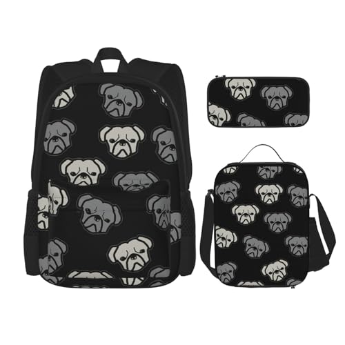 WURTON Schulrucksack-Set mit amerikanischer Bulldogge, 3-in-1, Büchertaschen-Set mit Lunchbox, Federmäppchen, Reise-Laptop-Tagesrucksäcke