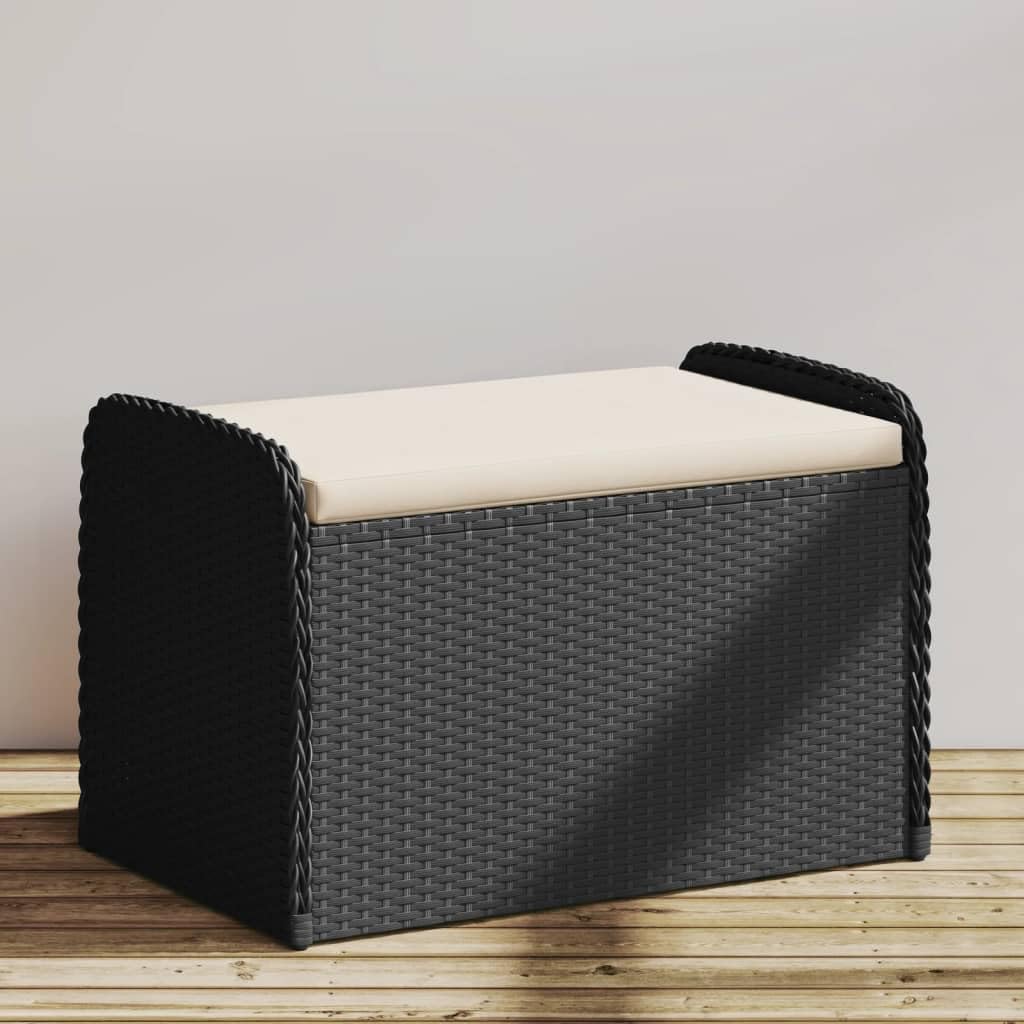 Sitzbank mit Stauraum & Kissen Schwarz 80x51x52 cm Poly Rattan,Gartenbank mit Stauraum | Bequeme Sitzbank | Witterungsbeständig Terrassen Sitzmöbel