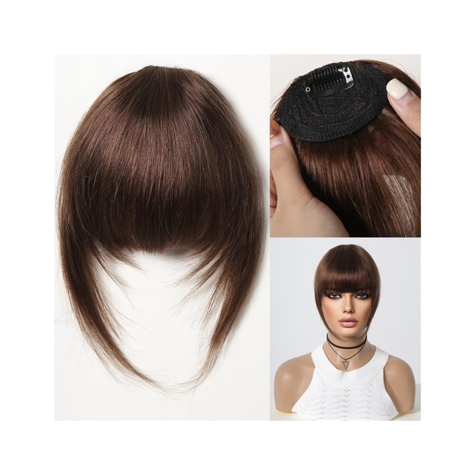 Pony Extension für Damen 100% Echthaar-Pony, natürlicher dunkelbrauner französischer Pony, Haarspange mit Fransen und Schläfen, Haarteil for Frauen, Clip-on-Air-Bang Fringe Bangs(005-2)