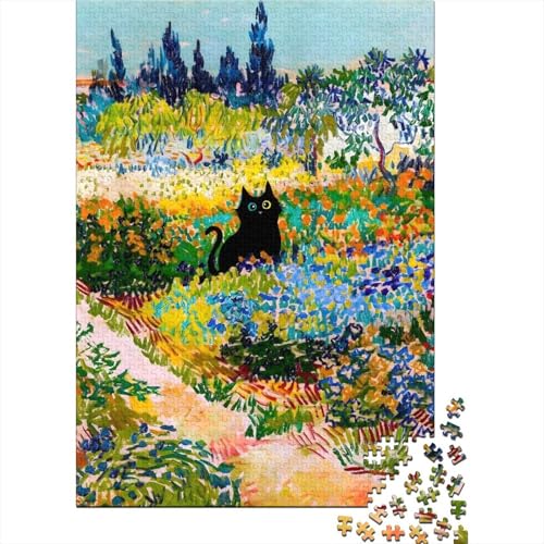 1000-teiliges Puzzle für Erwachsene, Puzzle-Geschenke „Schwarze Katze im Blumengarten“, Holzpuzzle für Teenager, Holzpuzzle für Erwachsene und Teenager (Größe 75x50cm)