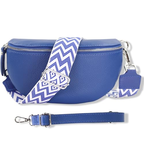 Blade Bauchtasche Damen Echtleder, stylische Gürteltasche Damen mit 2 gemusterten und Leder abnehmbaren & verstellbaren Breiten Gürteln, Crossbody Bag Damen, Hochwertige Brusttasche für Frauen-BLAU