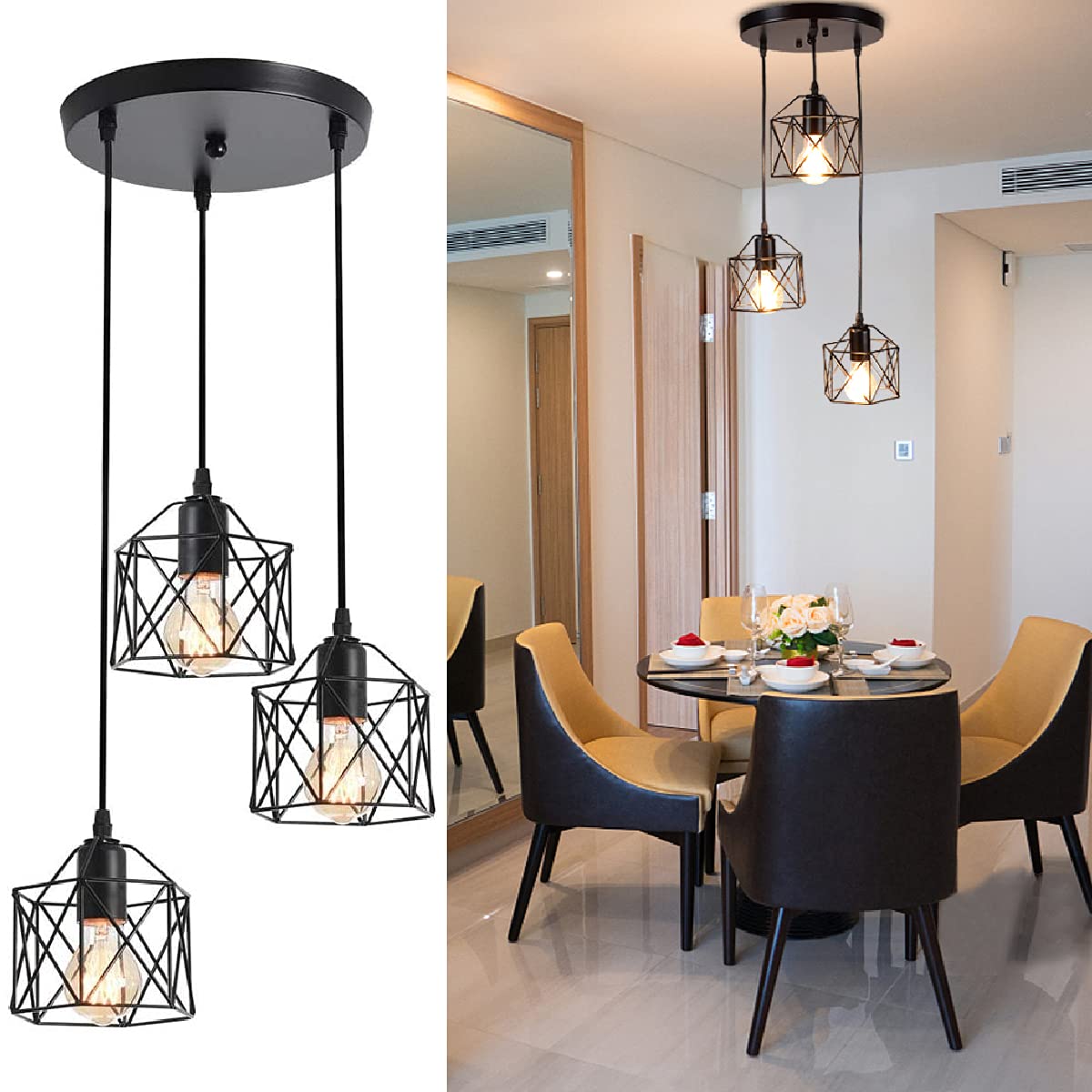 Depuley Hängelampe Vintage 3 Flammige LED, Retro Pendelleuchte mit E27 Fassung Schwarz, Hängeleuchte Industrial Design, Verstellbare Pendellampe für Esszimmer, Schlafzimmer, Glühbirne nicht enthalten