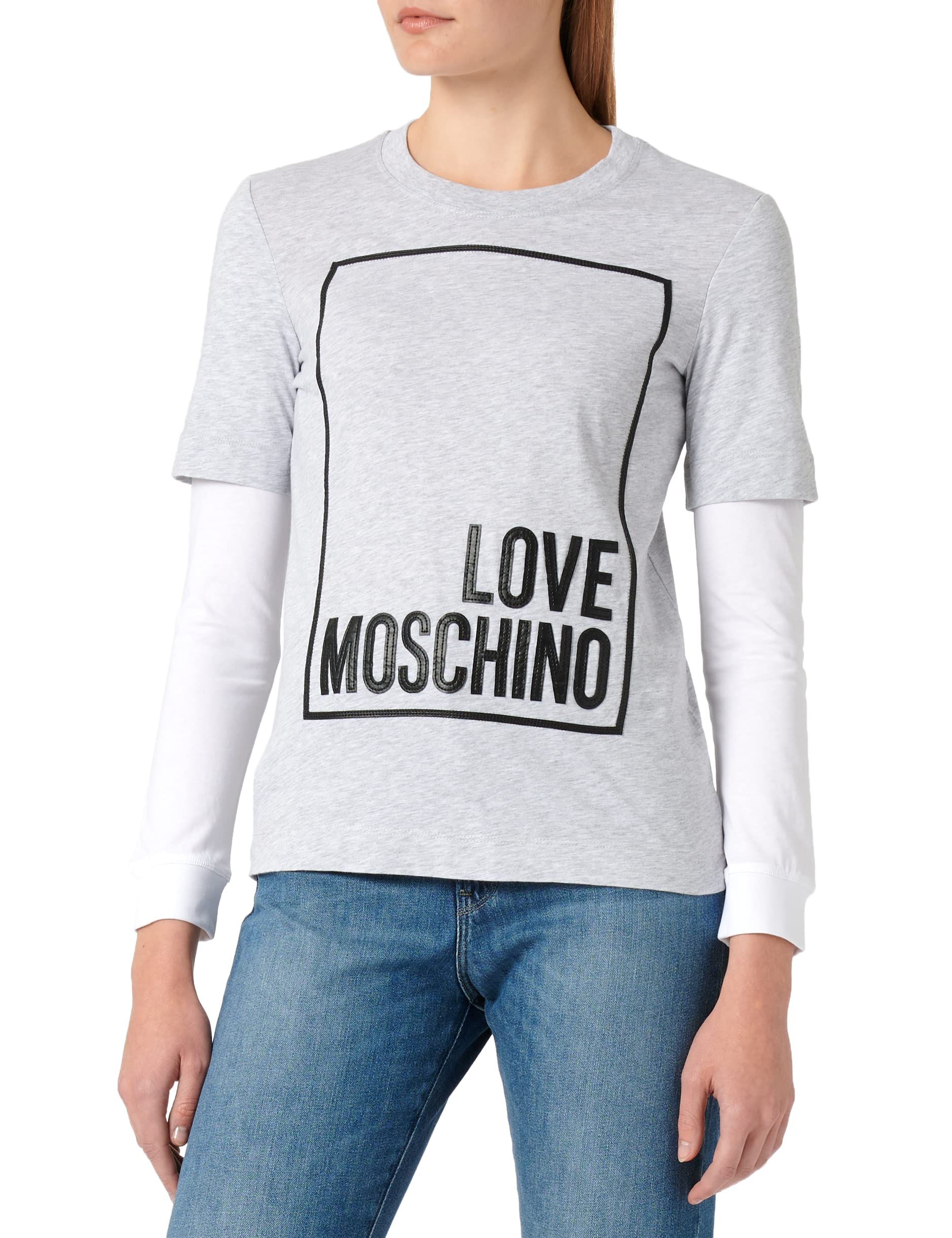 Love Moschino Damen Regular Fit Long Sleeves With Logo Box Design T Shirt, Grey Black White, 40 EU