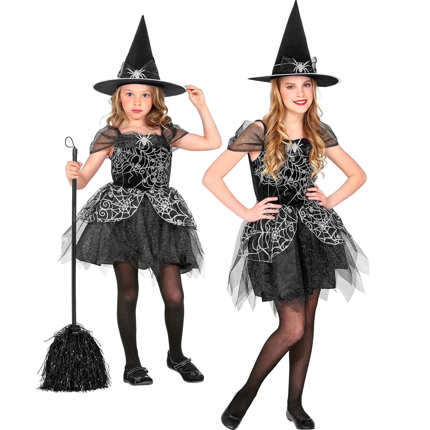 W WIDMANN MILANO Party Fashion - Kinderkostüm Hexe, 2-teilig, Kleid und Hut, Schwarz-Silber, Spinnen-Netz, Märchen, Kostüm, Verkleidung, Mottoparty, Karneval, Halloween