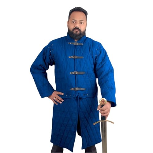 THE MEDIEVALS Dicke gepolsterte volle Ärmel Gambeson Mantel Aketon Jacke Rüstung, Baumwollgewebe, Blau, XXL