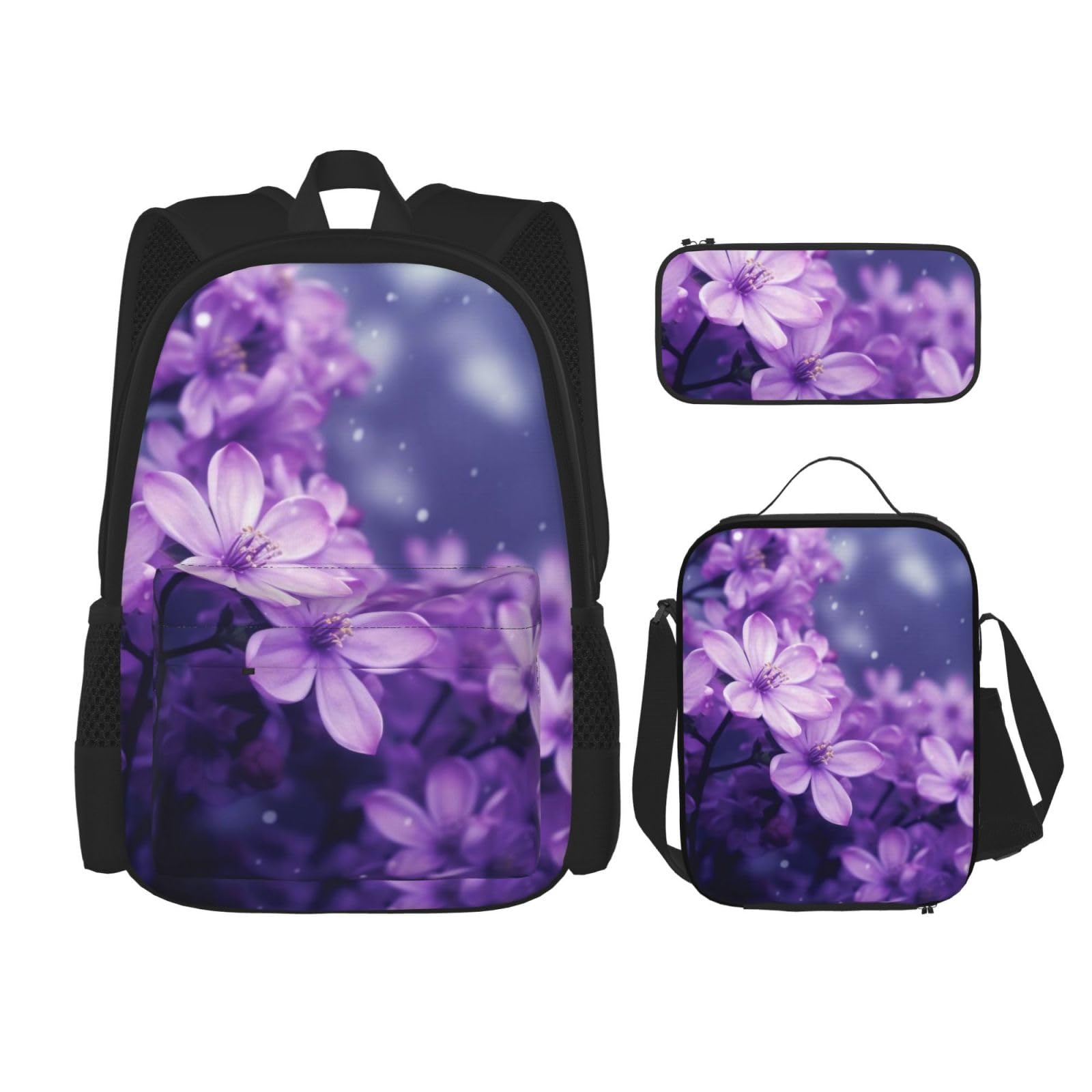 DENMER Mehrzweck-Schulranzen mit passendem Federmäppchen und Lunchtasche, Set - Ihre stilvolle All-in-One-Lösung, Blühende violette Blumen, Einheitsgröße