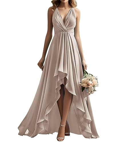 SAMHO Damen V-Ausschnitt Rüschen Chiffon Brautjungfern Kleider Lange Hohe Niedrige Formale Abendkleid, Taupe, 36