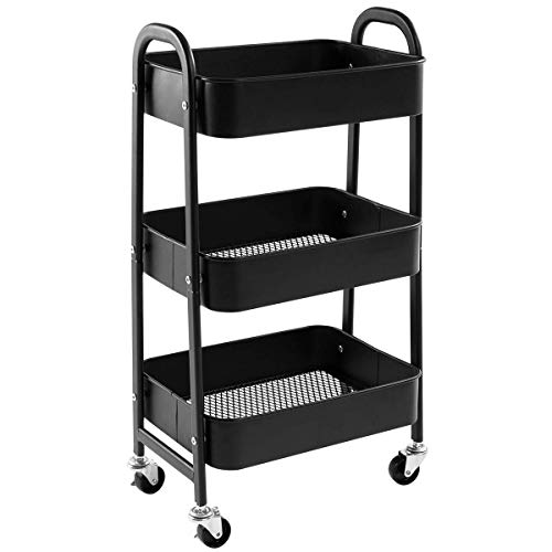 DOEWORKS Aufbewahrungswagen 3-Etagen Metall Utility Cart Rollwagen Organizer Wagen mit Rädern für Küche Make-up Badezimmer Büro, Schwarz