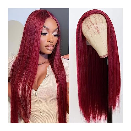 Perücken für Frauen 13x3 Burgund Rot Synthetische Spitze Front Perücke Gerade Haar Spitze Perücken Glueless Hitzebeständige Synthetische Spitze Front Perücken for Frauen für die Tägliche Party Cosplay