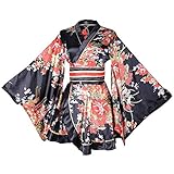 Wraith of East Asiatische Größe, sexy, kurzes Kimono-Kostüm, Erwachsene, Damen, japanische Geisha-Yukata-Drucke, Kleid, Blüten-Verkleidung, mit Obi-Gürtel, Brustumfang 111,8 cm, Schwarz