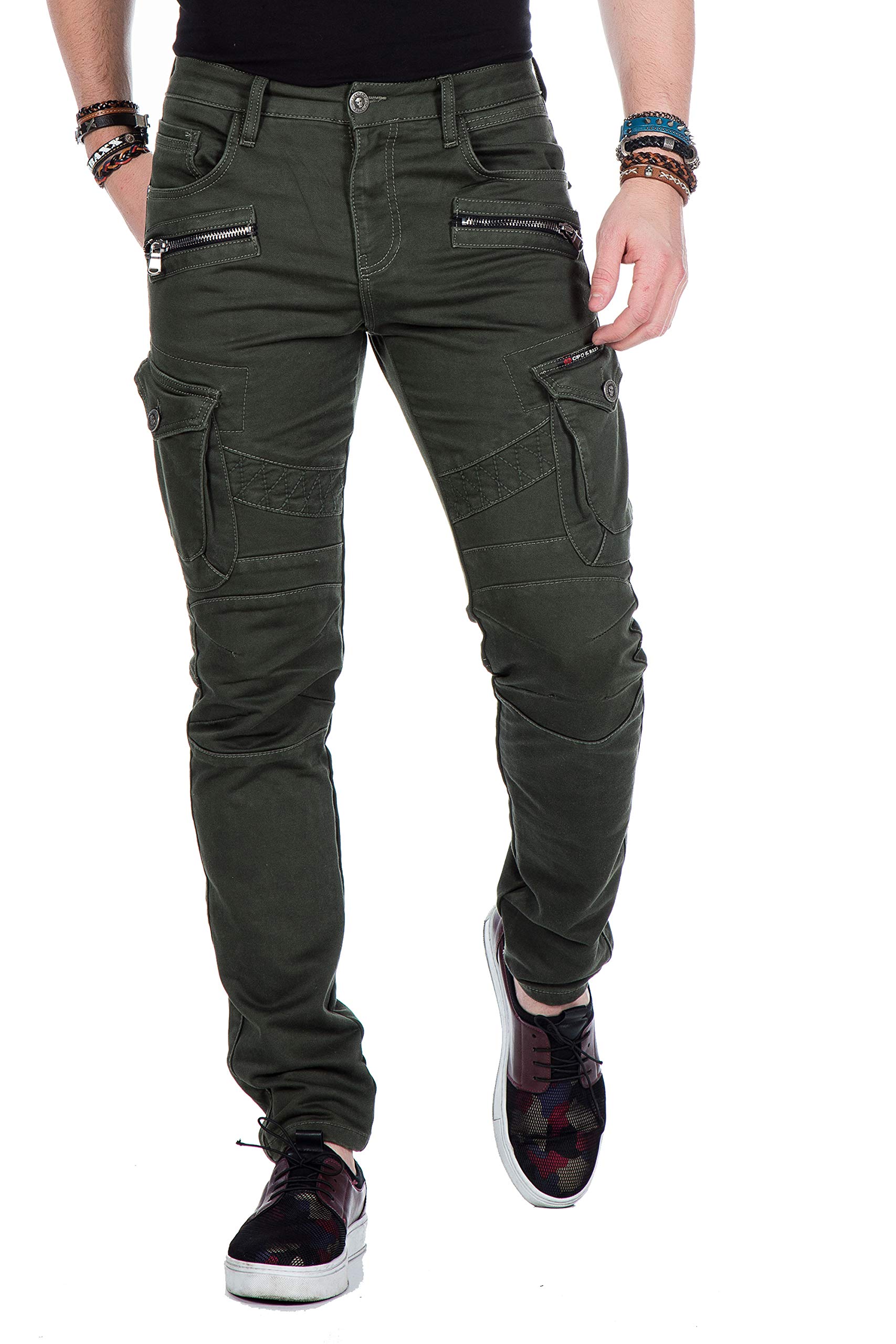 Cipo & Baxx Herren Cargo Hose Straight Fit Jeans Jogger Slim Fit Narrow Leg Denim Hose CD424 Khaki W33 L32