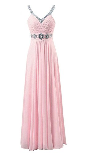 Zorayi Damen Elegante Lang V-Ausschnitt Perlen Chiffon Abendkleid Brautjungfernkleider Rosa Größe 44