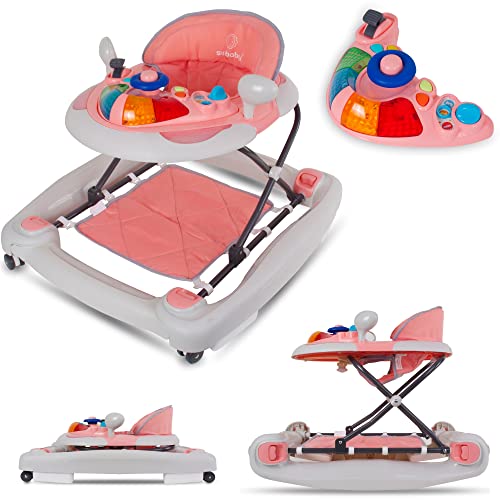 Lauflernhilfe Gehfrei und Schaukelsitz Kinderwiege Babywippe Babyschaukel Baby Walker mit Tasten, Lichtern und Sound für 6-12 Monate Sun Baby (Rosa)