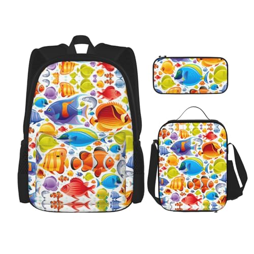 WURTON Cartoon-Fisch-Druck, verstellbare Schultergurte, Rucksack-Set, Lunch-Tasche, Federmäppchen, Kombinationstaschen-Set