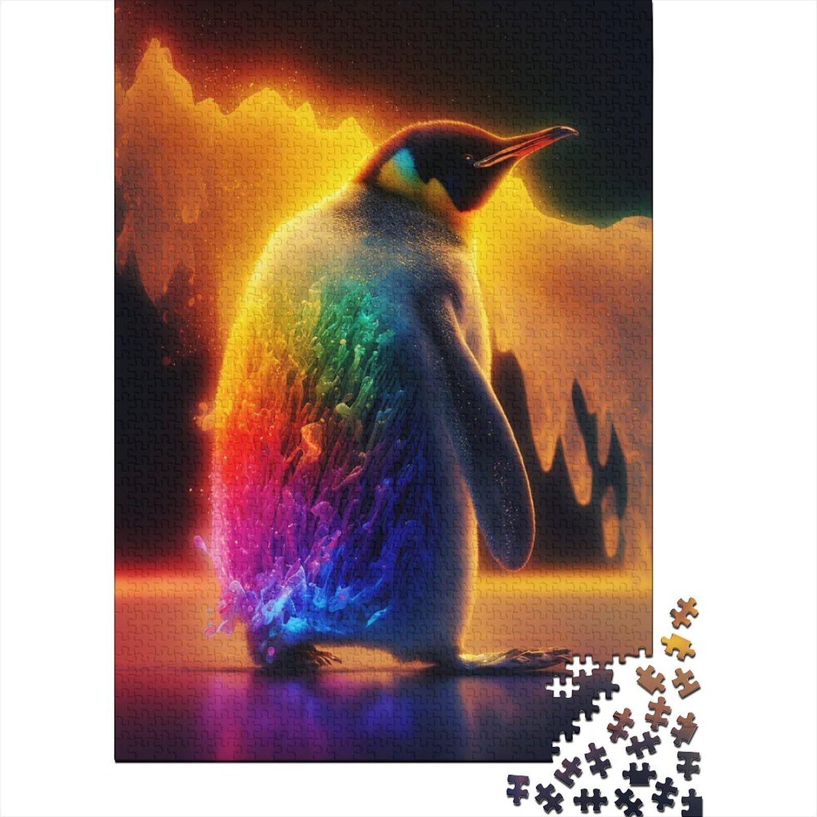 Rainbow Icey Penguins Holzpuzzle für Erwachsene, Puzzlespielzeug, schwieriges, anspruchsvolles Puzzle mit 1000 Teilen, mit passendem Poster und Wissensblatt, 75 x 50 cm