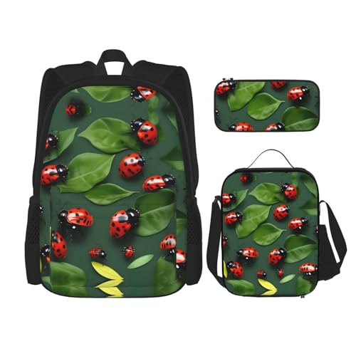 WURTON Lunchbox mit Blättern und Marienkäfer-Druck, Federmäppchen, Rucksack-Set, 3-teilig, verstellbare Riemen, langlebig, leicht, Schwarz, One Size