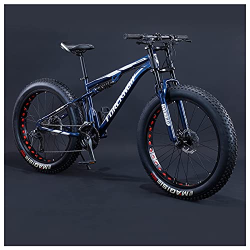 REOTEL 26 Zoll Mountainbike Herren Damen Mountainbike Fatbike, 7/21/24/27/30 Gang-Schaltung Erwachsene Fette Reifen Fahrrad, Rahmen Kohlenstoffstahl Vollfederung Bike,Blue Spoke,21 Speed