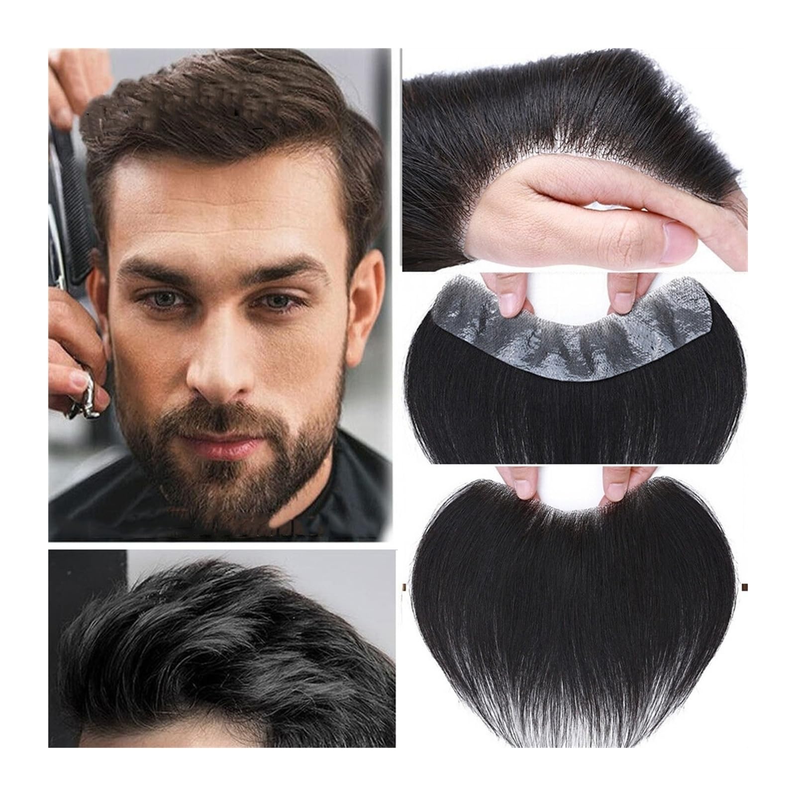 Perücke Männer Haaransatz-Toupet for Herren, Stirn-Frontal-Haarteil, 0,05–0,14 mm, volle PU-Basis, indisches Echthaar #1B, natürliches Schwarz, V-Form, vordere Haarsystem-Einheiten Toupet für Herren(7