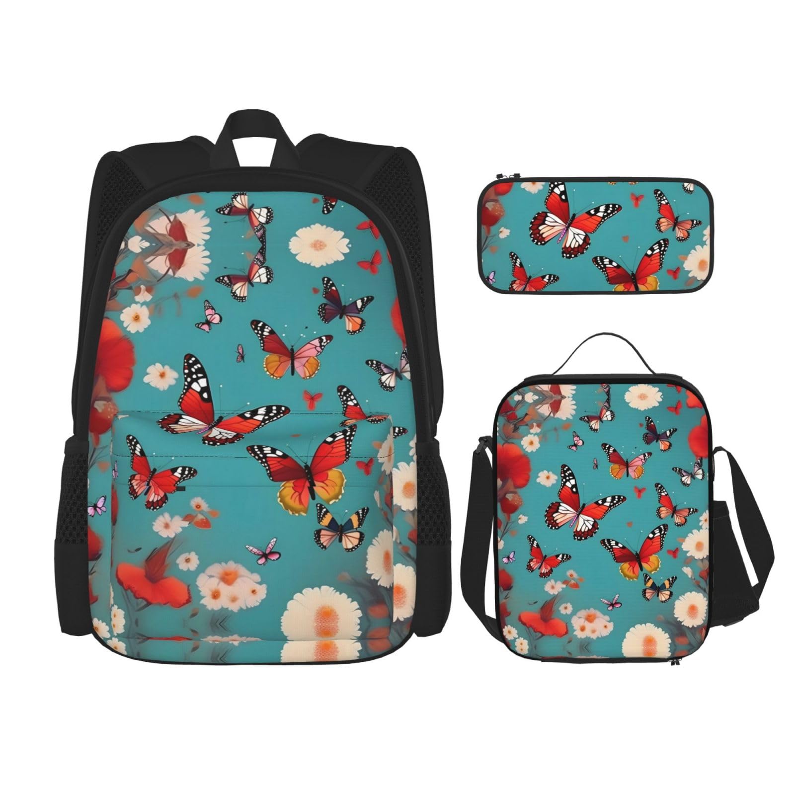 YQxwJL 3-in-1-Rucksack-Büchertaschen-Set, Husky-Hund, lässiger Reiserucksack, mit Federmäppchen, Lunchtasche, Henne fliegende Schmetterlinge unter Blumen, Einheitsgröße