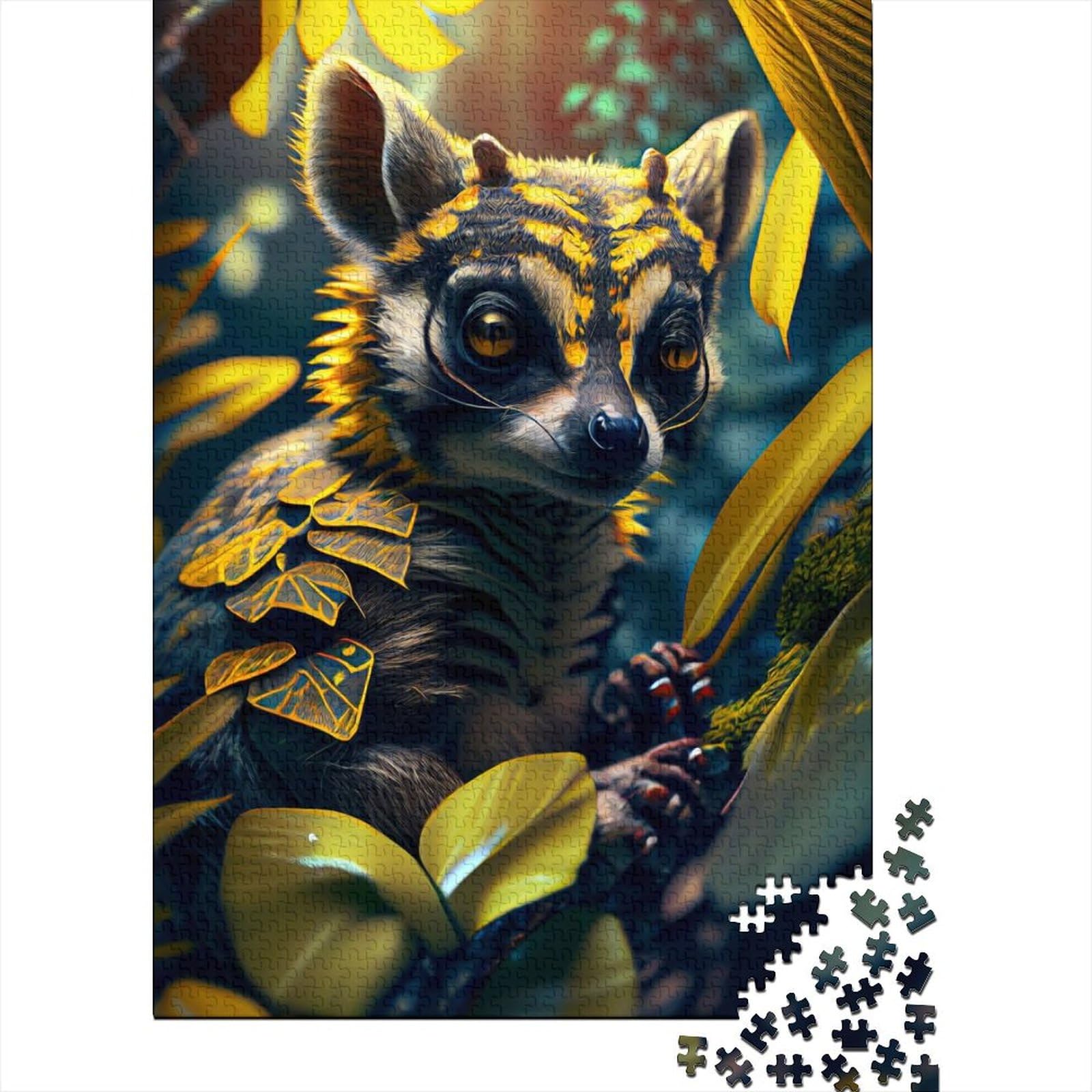 Gelb gestreifter Alien-Lemur, Holzpuzzle für Erwachsene, Puzzle-Kunst, Puzzle für Erwachsene, 1000 Teile, nachhaltiges Puzzle für Erwachsene, 75 x 50 cm