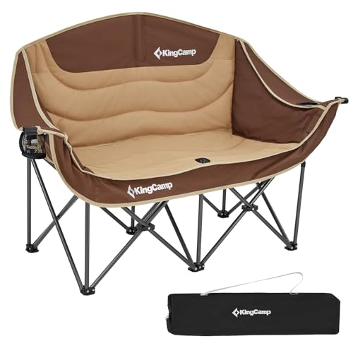 KingCamp Doppelte Campingstühle für Erwachsene Heavy Duty Campingstuhl 2 Sitzer mit Becherhalter und Armlehne Übergröße Klappbare Gartenstühle für Camping Picknick Angeln Festival Fußball KHAKI/COFFEE