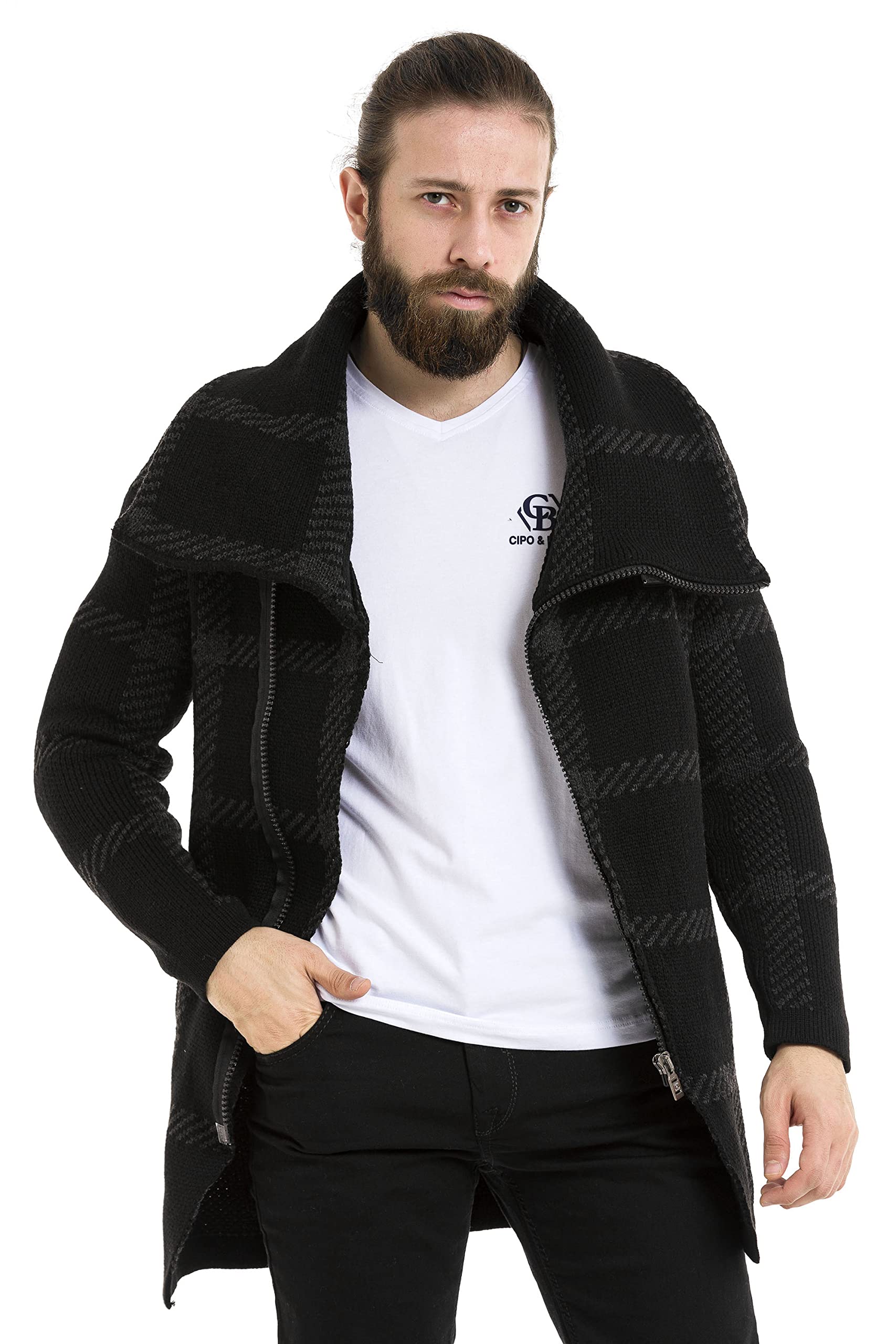 Cipo & Baxx Herren Strickjacke Gestreift Pullover Cardigan Lang CP262 Schwarz XL