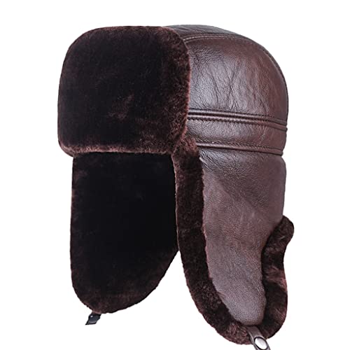 ZHOUXIAO Winter Lederhut Aviator Hut Ohrlappen, Unisex Winddichte wasserdichte Mütze Echte Lederhüte Bomber Trapper Hut, Weiche Warme Jagd Hut Russian Kunstpelz Trooper Hut brown-58-59CM