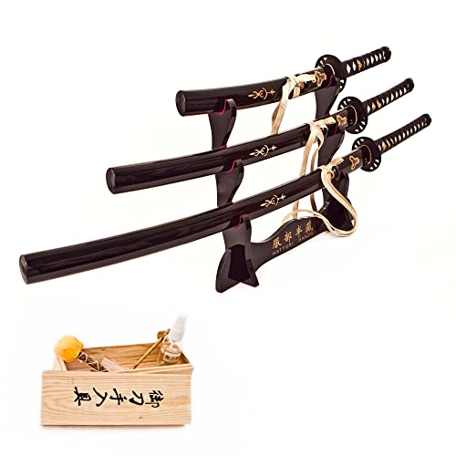 Swords and more 3-teiliges Töte Bill Hattori Hanzo Schwert Set handgeschmiedet, Carbon Stahl Schwert Metall, Daisho Katana Set mit Katana, Wakizashi & Tanto Katana Schwert für Samurai Deko