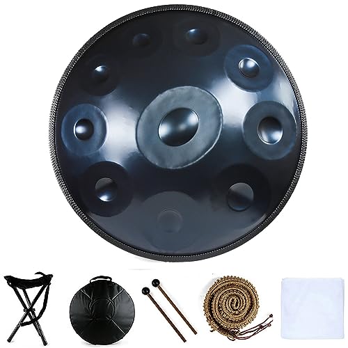 D-Moll Handpan-Trommel in 432 Hz, 9, 10, 12 Noten, 55,9 cm Stahl-Handtrommel mit Tasche, Schlägeln und Ständer, perfekt für Meditation, Yoga und Entspannung