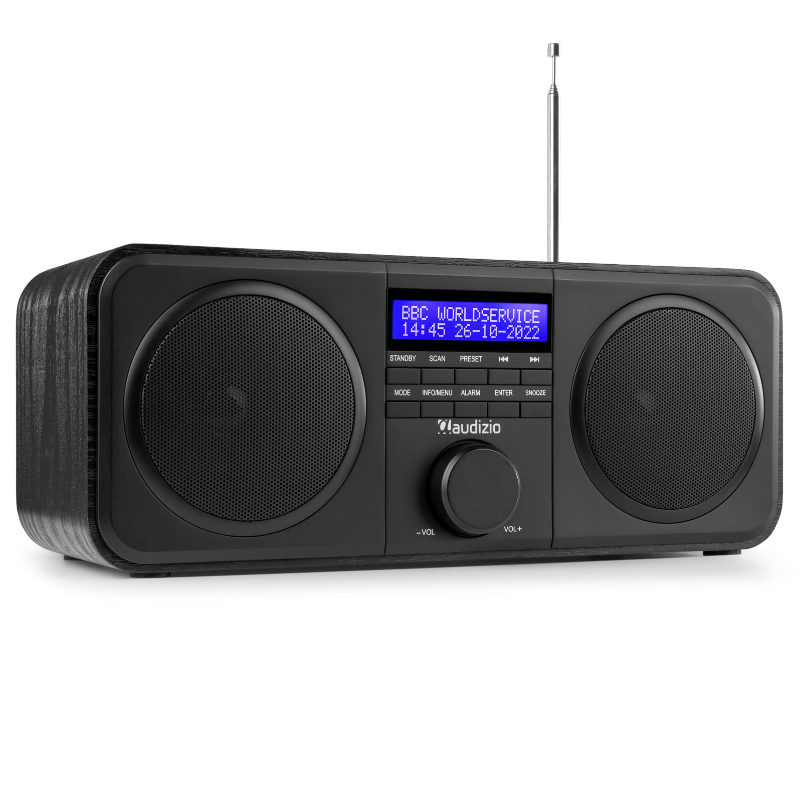 Audizio Novara - DAB Plus Radio, UKW Radio, Digital Radio, Kopfhöreranschluss, Alarm Radiowecker, Snooze, 20 Speicherplätze, DAB Küchenradio, Stereo Kompaktanlage mit Display - Schwarz