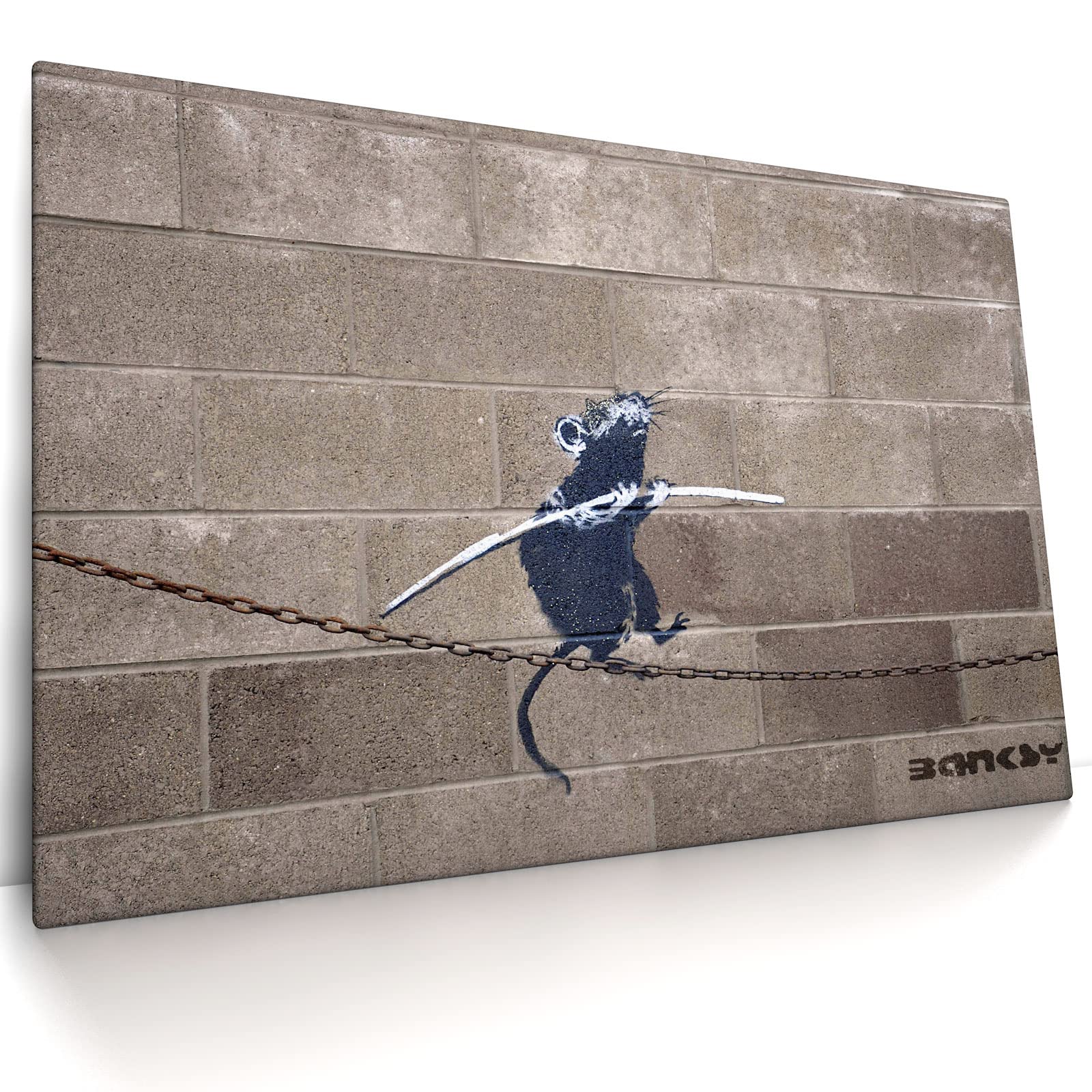 Banksy - Rat on the Chain - Leinwand Bild - Wandbild aufhängefertig Grafitti Kunst Druck Bilder Wand Deko Modern Art XXL Wohnzimmer (80 x 60 cm, Leinwand auf Keilrahmen, Rat on the Chain)