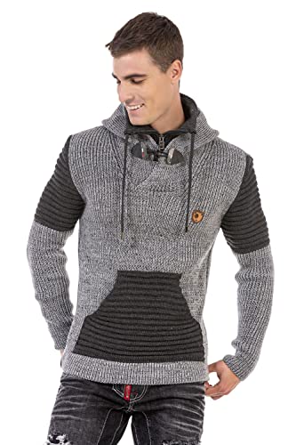 Cipo & Baxx Herren Kapuzenpullover Strick Pullover Rippen Design Kragen Hoodie Sweater Pulli CP253 Grau-Anthracite XL