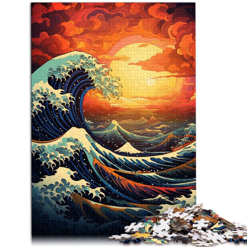 Puzzlespiel, farbenfroher Psychedelischer Sonnenuntergang mit Meereswellen, Puzzle für Erwachsene, 1000 Holzpuzzles, Künstlersammlung, bildende Kunst, 1000 Teile (50 x 75 cm)