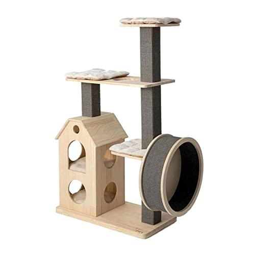 Cat Scratch Board Katzenkletterständer mit Cat Wheel Exerciser Cat Condo Tower Massivholz-Katzenturm zum Spinnen und Kratzen